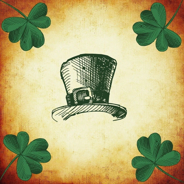 a drawing of a hat and four leaf clovers, trending on pixabay, aged paper, istockphoto, in style of chrome hearts, square