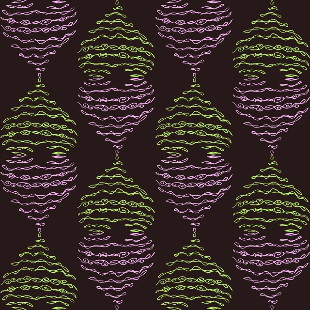 a purple and green ornament pattern on a black background, tumblr, op art, cone shaped, brown background, stylized linework, color vector
