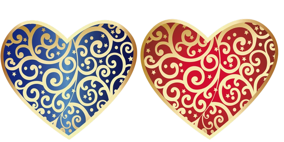 a close up of two hearts on a black background, a digital rendering, pixabay, cloisonnism, red blue and gold color scheme, filigree ornaments, america, left right symmetry