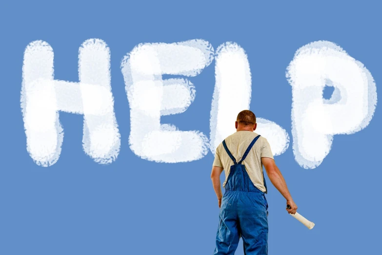 a man in overalls standing in front of the word help, by Francis Helps, trending on pixabay, action painting, blue walls, no text!, can of paint, an illustration