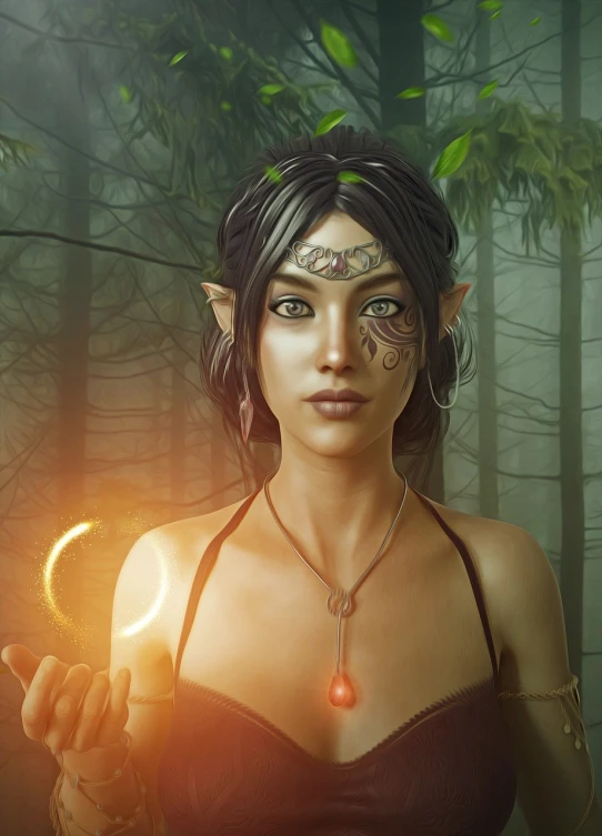 a woman holding a glowing ring in a forest, a character portrait, inspired by Anne Stokes, fantasy art, 3 d demo reel avatar, she has elf ears and gold eyes, highly detailed digital artwork, with rune tattoos on the face