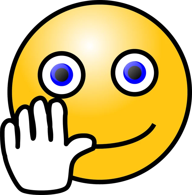 a smiley face with a hand in front of it, by Enguerrand Quarton, pixabay, mingei, silence, no logo!!!, round round round nose, dialog