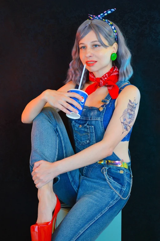 a woman sitting on a stool with a drink in her hand, a colorized photo, inspired by Dorothy Coke, tumblr, pop art, wearing a bandana and chain, blue jeans. unreal 5, full-cosplay, solo portrait 🎨🖌️