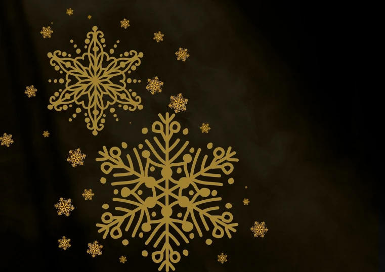 a gold snowflake on a black background, a digital rendering, dirt and smoke background, simple background, decorated ornaments, half image