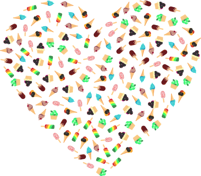 a heart filled with lots of different kinds of ice cream, vector art, pexels, conceptual art, black!!!!! background, multicolored glints, return of the many to the one, vector