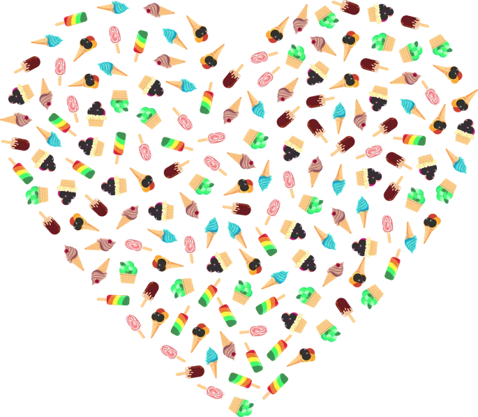 a heart filled with lots of different kinds of ice cream, vector art, pexels, conceptual art, black!!!!! background, multicolored glints, return of the many to the one, vector