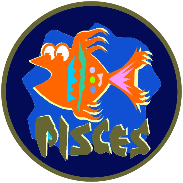 a picture of a fish with the word pisces on it, cubism, painting on a badge!!!!, logo”