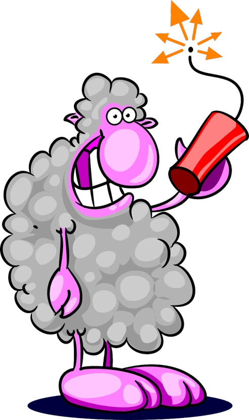 a cartoon sheep with a dynamite in its hand, shutterstock, happy with his mouth open, high res photo