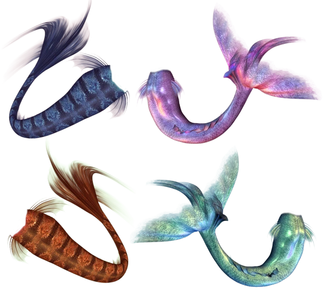 a group of different colored plastic animals on a black background, concept art, trending on zbrush central, hurufiyya, mermaid tail, ethereal eel, raytraced realistic, fairy wings