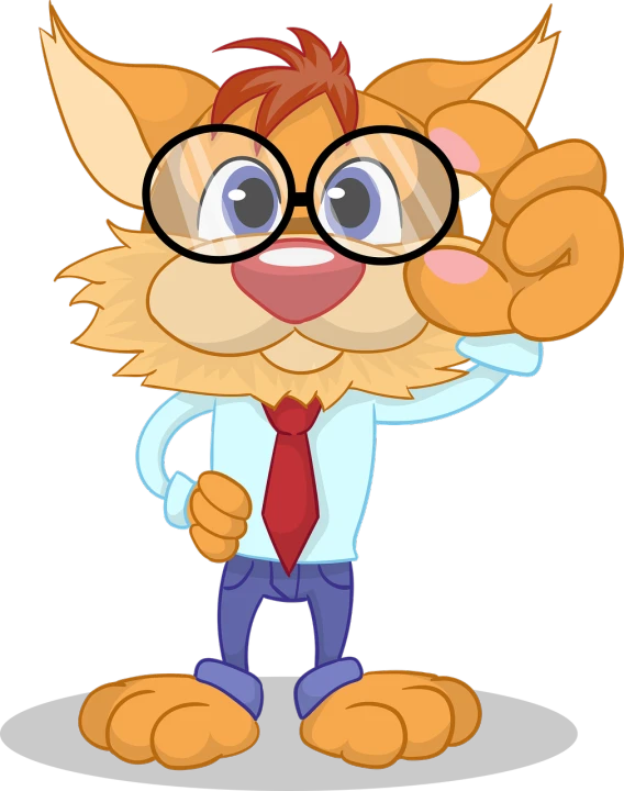 a cartoon cat wearing glasses and a tie, a digital rendering, inspired by Leo Leuppi, shutterstock, pointing index finger, high quality cartoon, cute lion, phone photo