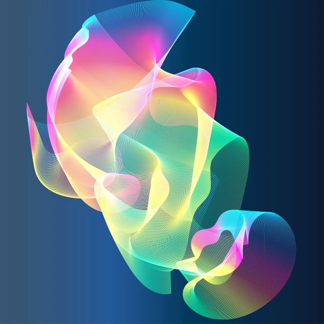 a close up of a colorful object on a blue background, a raytraced image, generative art, smooth vector curves, soft iridescent membranes, a beautiful artwork illustration