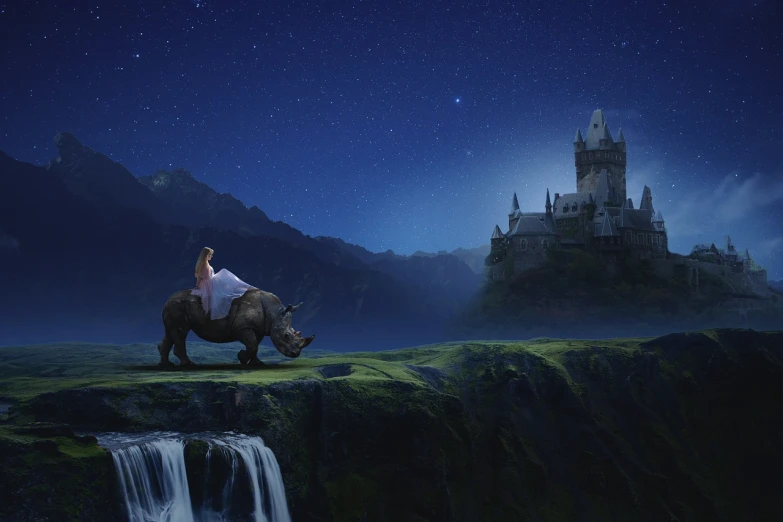 a man riding on the back of an elephant near a waterfall, a matte painting, inspired by Johfra Bosschart, magical realism, teenage girl riding a dragon, wonderland at night, hogwarts setting, weta disney movie still photo