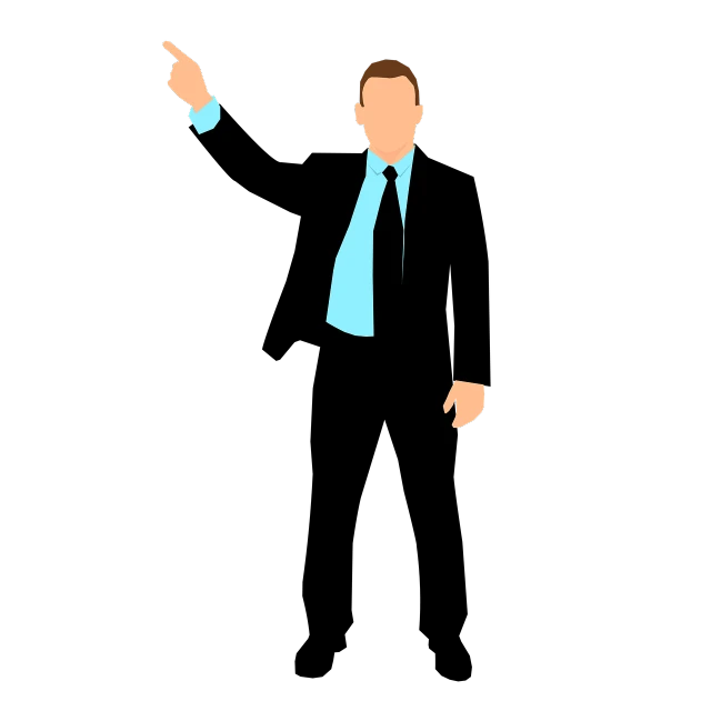 a man in a suit pointing at something, by Tom Carapic, trending on pixabay, digital art, liam neeson, on a flat color black background, dancing character, obama