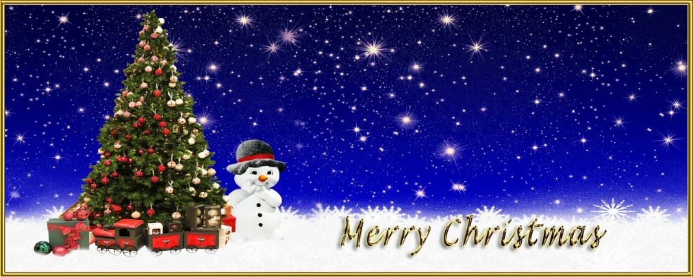 a snowman standing next to a christmas tree, a photo, pixabay, digital art, message, navy, star, # 0 1 7 9 6 f