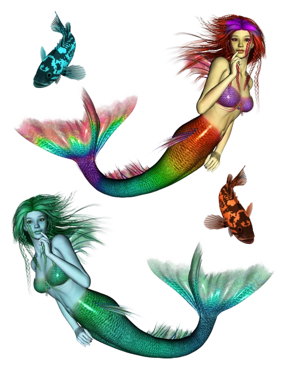 a couple of mermaids sitting next to each other, a digital rendering, deviantart, spritesheet, rainbow iridescent accents, 3 d design for tattoo, exotic fish