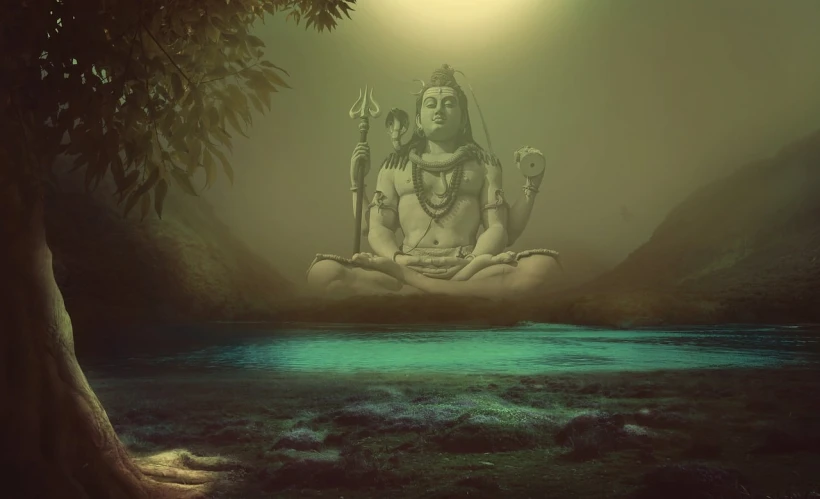 a large statue sitting on top of a lush green field, a statue, shutterstock, samikshavad, underwater temple, a mystical misty glow, edited in photoshop, god shiva the destroyer