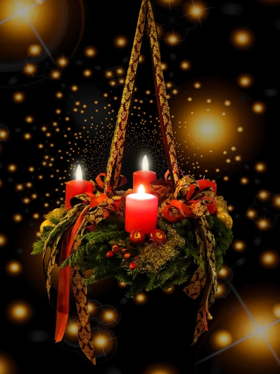 a lit candle sitting on top of a christmas wreath, a photo, digital art, chandelier, trio, twinkling stars, skydsgaard