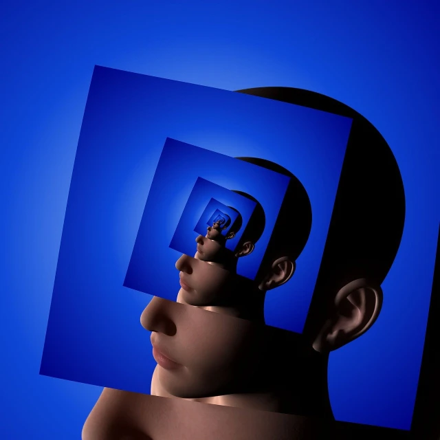 a man holding a blue square in front of his face, digital art, abstract illusionism, brain, face photo, three-dimensional image, portrait of a patchwork boy