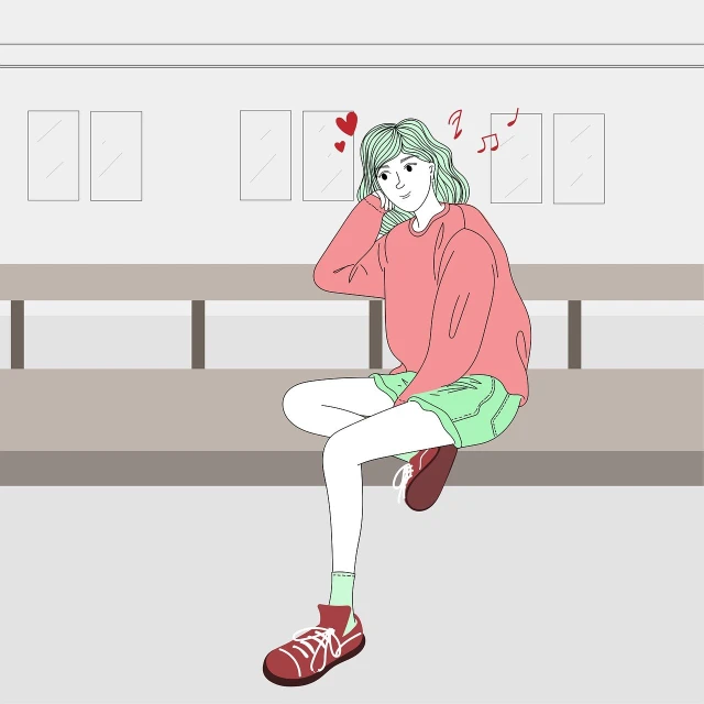 a woman sitting on a bench in a train station, an anime drawing, aestheticism, flat color and line, jamming to music, ulzzang, red and green tones