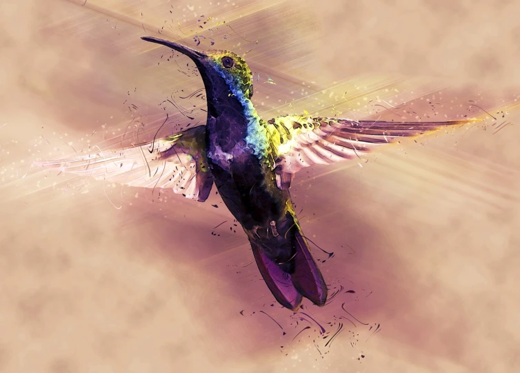 a painting of a hummingbird flying through the air, a digital painting, inspired by Fernand Verhaegen, behance contest winner, digital art, glossy flecks of iridescence, digital art extreme detail, horrific digital art, lowres