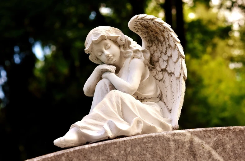 a statue of an angel sitting on top of a stone, a statue, by Marie Angel, shutterstock, very detailed picture, resting on a pillow, solemn expression, detailed wings
