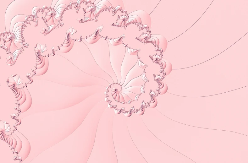 a close up of a spiral design on a pink background, a digital rendering, inspired by Benoit B. Mandelbrot, rose quartz, satin, very detailed curve, fractal ivory carved ruff