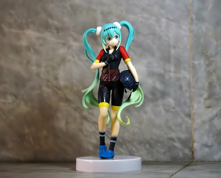 a close up of a figurine of a woman, pixiv contest winner, a happy meal toy of hatsune miku, biker, full body wide shot, sporty