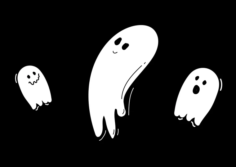 three ghosts standing next to each other on a black background, concept art, trending on pixabay, minimalist cartoon style, gooey, ( ( dithered ) ), white ghosthulk