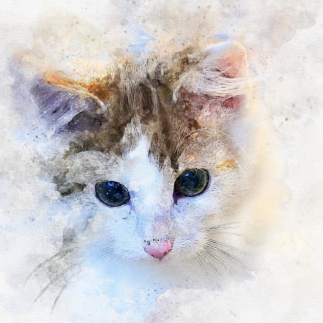 a watercolor painting of a cat with blue eyes, a watercolor painting, digital art, in the painting style of renoir, watercolor texture, with a white background, portrait of a kitten