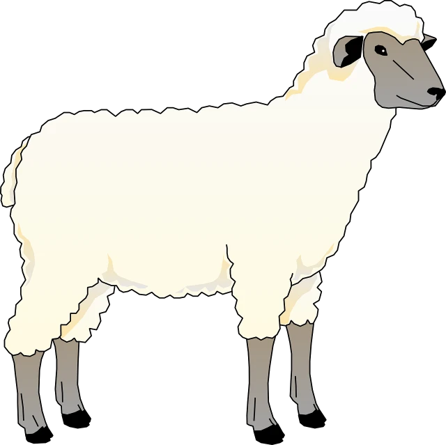 a white sheep standing in front of a black background, an illustration of, side view centered, trimmed, colored illustration, 3/4 front view