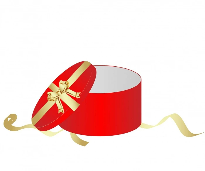 a red box with a gold ribbon around it, a picture, big ribbon, free, very round, gifts