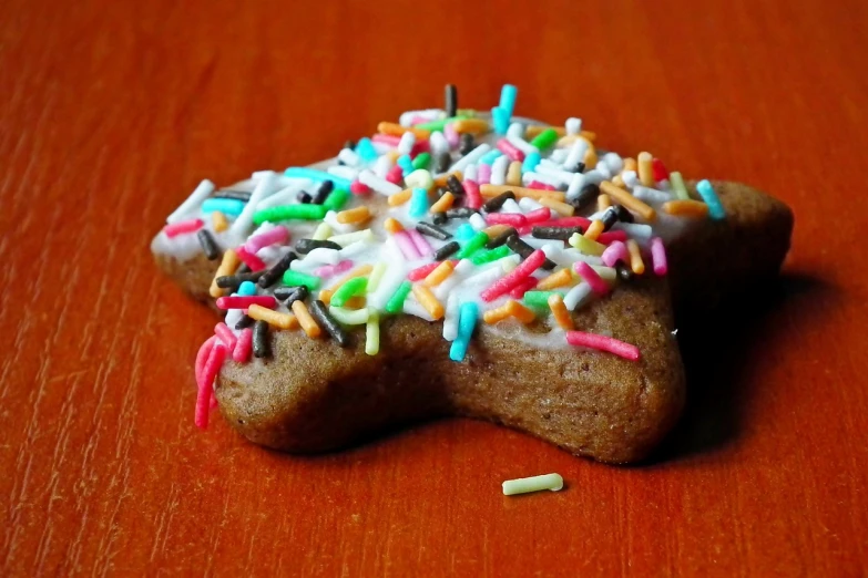 a close up of a cookie with sprinkles on it, by Bernardino Mei, flickr, hurufiyya, bursting neon stars, cinnamon, side - view, pony