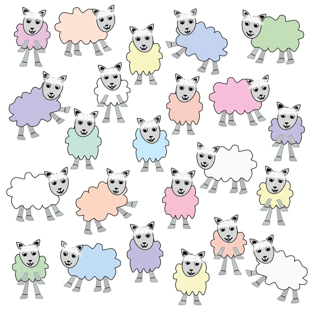 a group of sheep standing next to each other, a pastel, random scheme color, 2 0, background is white and blank, illustration of a cat