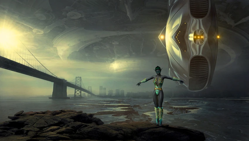 a woman standing on top of a rock next to a body of water, cyberpunk art, inspired by Marek Okon, afrofuturism, frank kelly freas, spaceship in background, cybernetic implant h 768, beautiful android woman