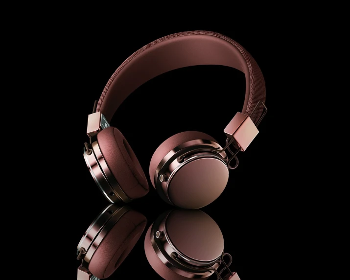 a pair of headphones sitting on top of a table, a digital rendering, art deco, on black background, rose gold, high quality product photo, detailed product photo