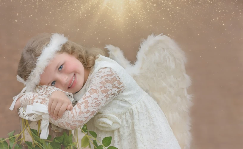 a little girl dressed as an angel holding a rose, a picture, pixabay contest winner, white sparkles everywhere, warm and gentle smile, big white glowing wings, good lighted photo