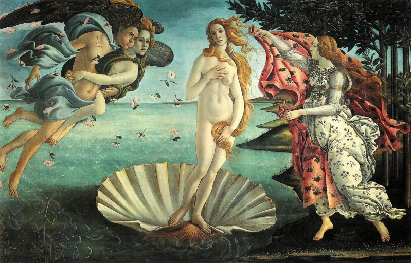 the birth of venus by sandro botticcio, a renaissance painting, tall thin beautiful goddess, wearing seashell attire, hd art, the fall of man