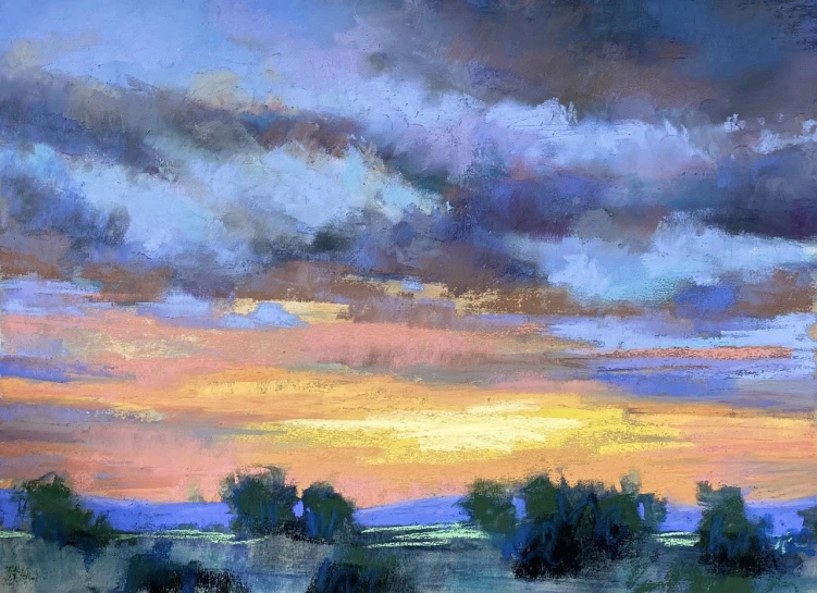 a painting of a sunset over a field, a pastel, by Linda Sutton, trending on cg society, big sky, dark saturated colors, soft glowing windows, iridescent clouds