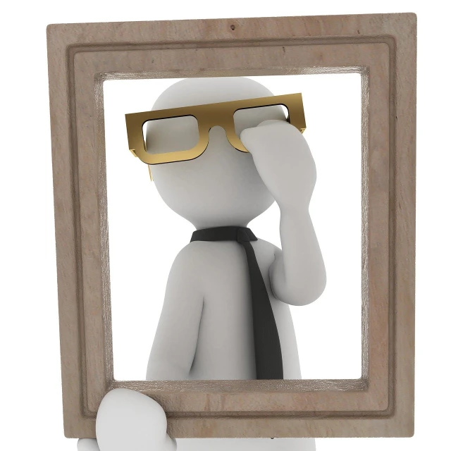 a man in a tie and glasses looking in a mirror, a picture, inspired by Grant Wood, pixabay contest winner, visual art, cute funny figurine wooden, golden frame, 3d-render, thinking pose