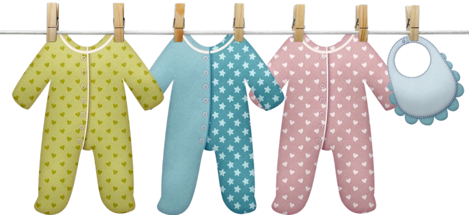 a row of baby clothes hanging on a clothes line, a digital rendering, by Ella Guru, pixabay, digital art, jumpsuits, cutout, panels, patterned