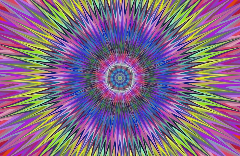 a multicolored abstract image of a starburst, psychedelic art, creating an optical illusion, purple and blue and green colors, tribal psychedelic, seven pointed pink star