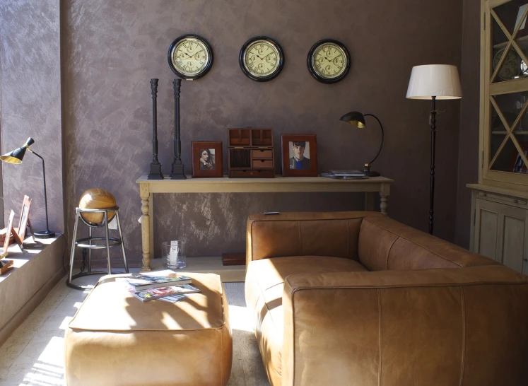 a living room filled with furniture and a clock on the wall, a portrait, bright daylight indoor photo, brown atmospheric lighting, high details photo, reportage photo