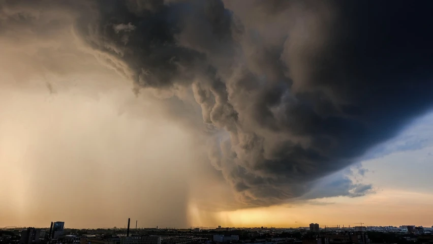 a large cloud is in the sky over a city, a picture, by Thomas Häfner, hell storm, storm in the evening, rain and thick strands of mucus, visible sky and sunny atmosphere