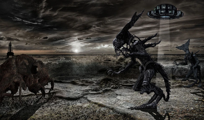 a group of animals that are standing in the dirt, digital art, by Aleksander Gierymski, zbrush central contest winner, black glossy xenomorph, old photo of a creepy landscape, finnian in grungerock alien sky, war