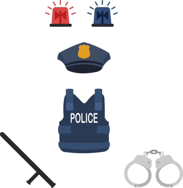 a police uniform and handcuffs on a black background, concept art, by Jennifer Bartlett, tumblr, clipart icon, telegram sticker design, various items, visor