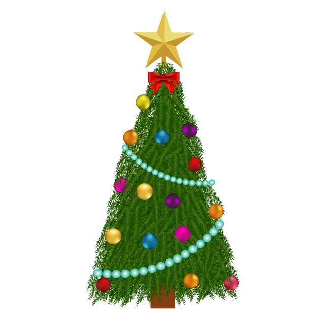 a decorated christmas tree with a star on top, a digital rendering, sōsaku hanga, front facing!!, with a black background, square, lineless