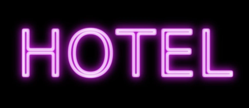 a neon hotel sign on a black background, pexels contest winner, purple and pink, notes, isolated on white background, energy mote