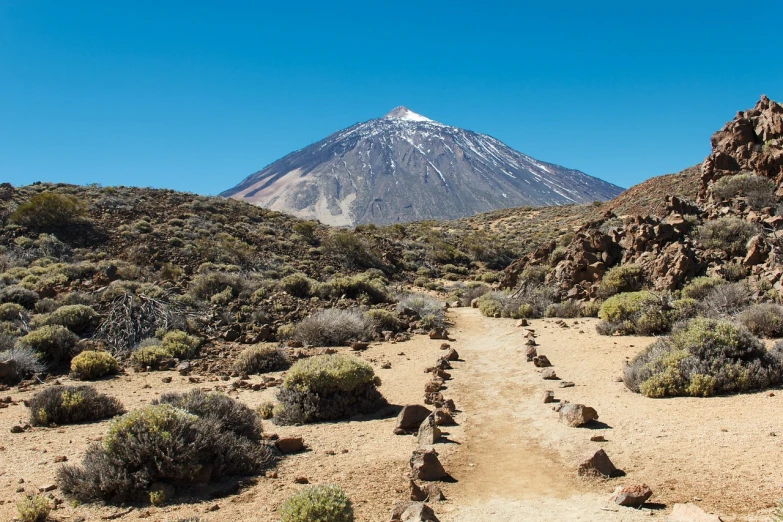 a dirt road with a mountain in the background, a photo, by Juan O'Gorman, shutterstock, lava field, hiking cane, stone paths, high class