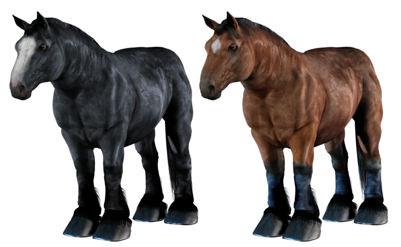 a couple of horses standing next to each other, a raytraced image, trending on zbrush central, photorealism, heavy boots, saints row fursuit tails mod, extreme hight detail, giant legs