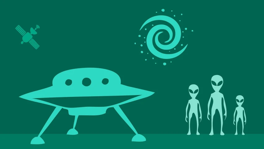 a group of aliens standing in front of a flying saucer, pixabay contest winner, space art, infographic of space travel, stylized silhouette, crop circles, amazing space creature 4 k